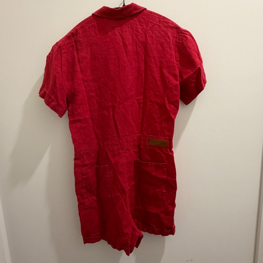 Rivet Utility Dreamer Scarlet Red 100% Linen Short Sleeve Romper Jumpsuit L USA - Picture 2 of 8